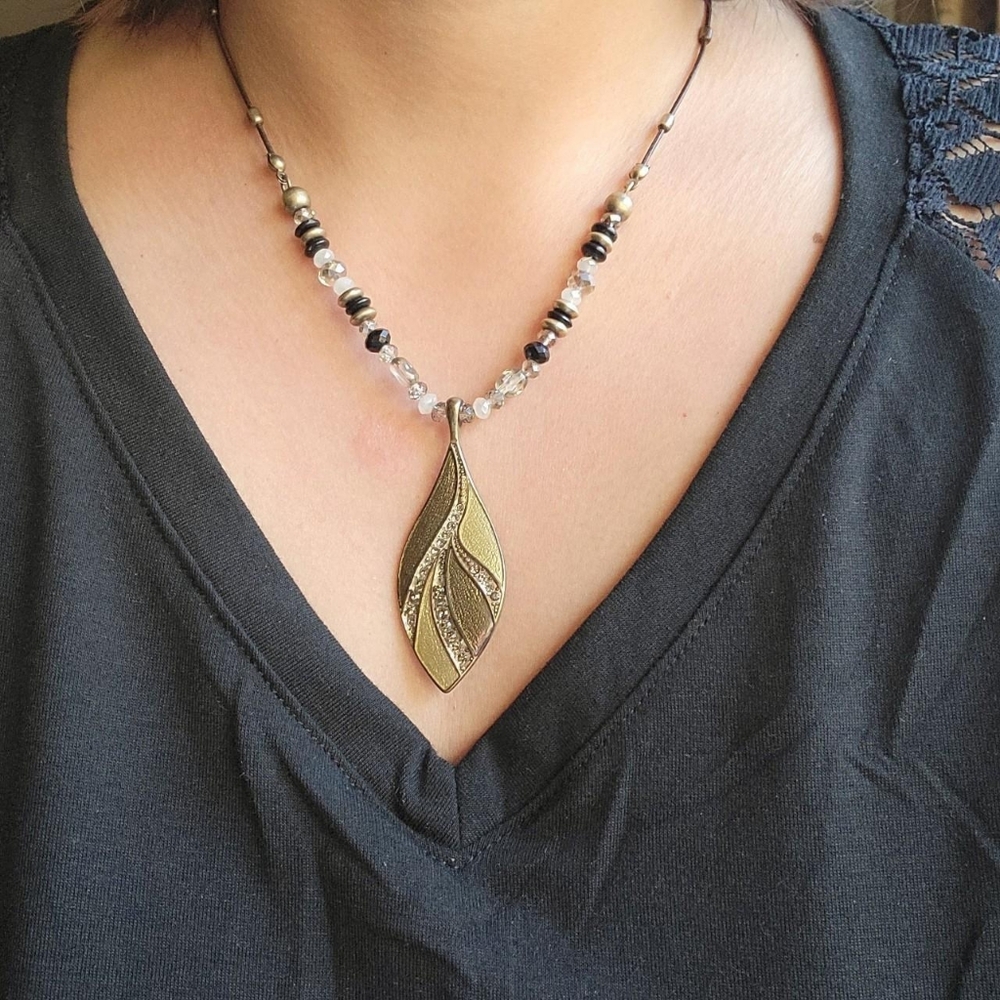 Vintage Beaded Rhinestone Leaf Statement